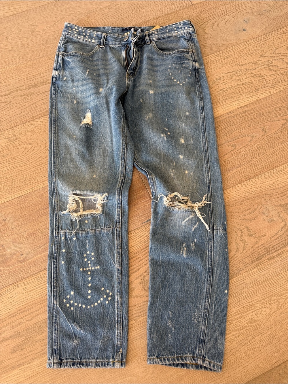Scotch & Soda Distressed Blue Straight Jeans with Anchor Stud Detail